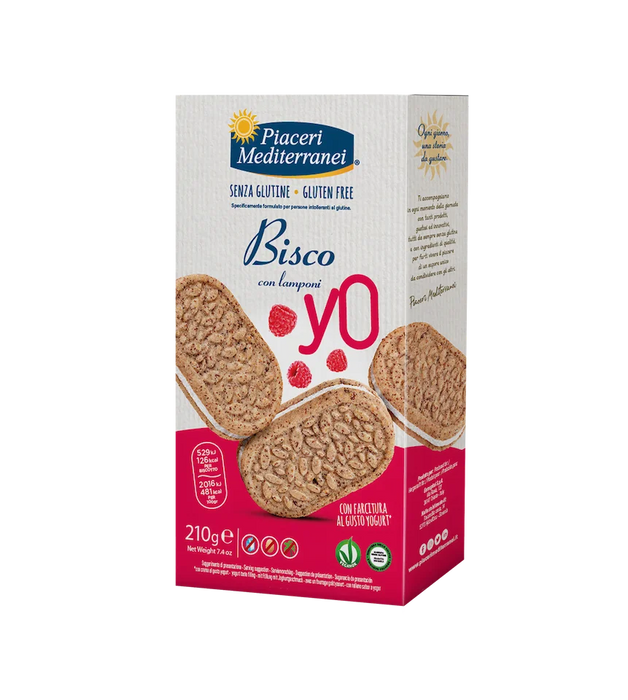 BiscoYo Kekse mit Joghurtcreme und Himbeeren 210g - Piaceri Mediterranei
Die Biscoyo con Lamponi von Piaceri Mediterranei sind glutenfreie Kekse, die mit einer köstlichen Yoghurtfüllung und Himbeeren veredelt sind.