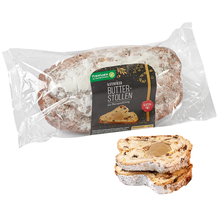 Butterstollen mit Marzipan glutenfrei 750g-Poensgen
Dieser Stollen vereint reichlich Rosinen, Mandeln und feinstes Marzipan, um den klassischen Geschmack des Originals perfekt nachzubilden.
