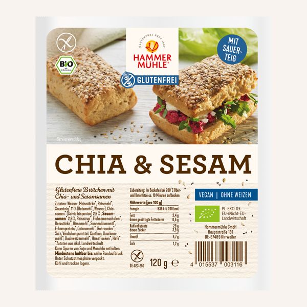 Chia Sesam Brötchen 120g-Hammermühle Bio
Die Chia- und Sesamsamen machen diese glutenfreien Brötchen zu einem saftigen Geschmackserlebnis, egal ob du sie süß oder herzhaft belegst.