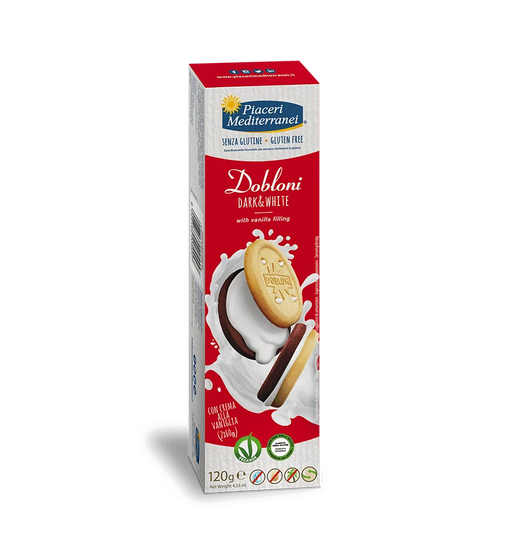 Dobloni Kekse Dark & White 120g - Piaceri Mediterranei
Dieser knusprige vegane Doppelkeks kombiniert eine helle und eine dunkle Keksseite und ist mit einer feinen Vanillefüllung gefüllt.