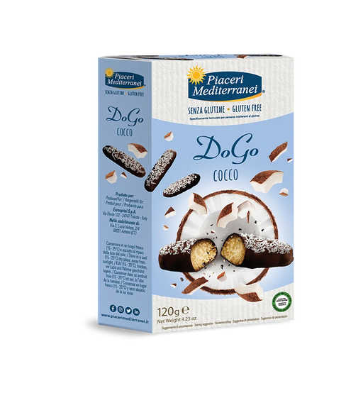 Dogo Cocco - Butterkekse mit Schoko-Kokos Hülle 120g - Piaceri Mediterranei
Die Dogo Cocco Kekse von Piaceri Mediterranei sind eine köstliche, glutenfreie Leckerei für Kokosnuss-Liebhaber.