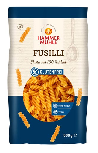 Fusilli  500g - Hammermühle
Die glutenfreien Fusilli von Hammermühle sind aus reinem Maismehl ohne Ei und schmecken dank neuer Rezeptur nun noch besser! Bessere Kocheigenschaften, goldgelbes Aussehen und keine Zusatzstoffe für allergenfreien Genuss.