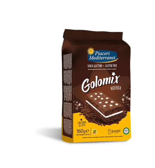 Golomix Snack 160g - Piaceri Mediterranei
Der luftige Kakaobiskuit von Piaceri Mediterranei ist ein Genuss, der köstliche Milchcreme in zwei zarten Schichten aus Kakao- und Schokoladenbiskuit vereint, gekrönt von einem Zuckerstern-Streusel.