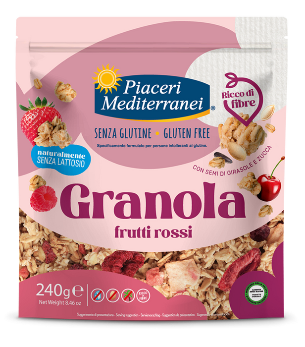 Granola Frutti Rossi 240g-Piaceri
Genießen Sie die knusprige Granola Frutti Rossi, eine köstliche Mischung aus glutenfreien Haferflocken und getrockneten roten Früchten wie Erdbeeren, Himbeeren und Kirschen.