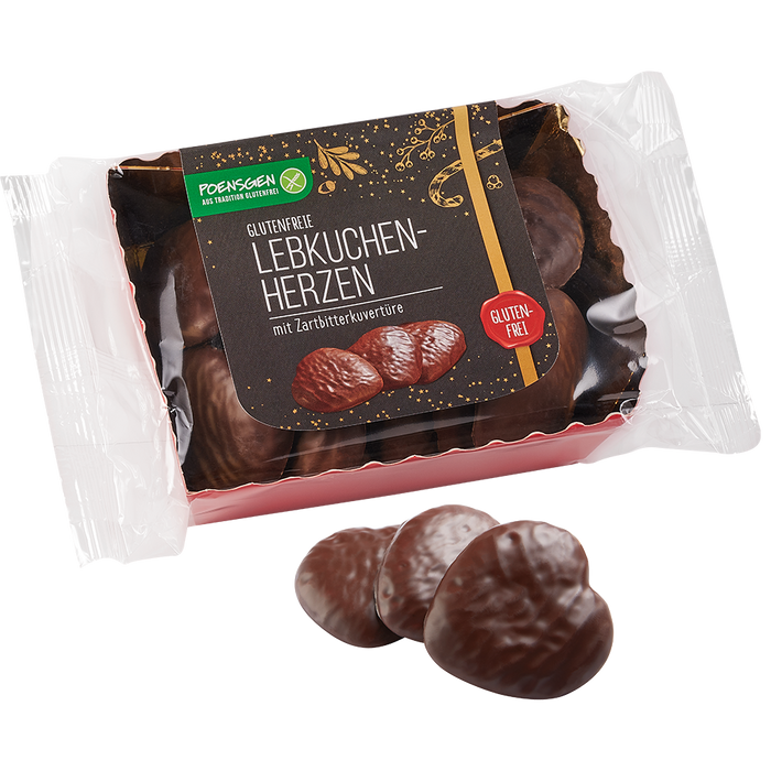 Lebkuchenherzen zartbitter glutenfrei 175g-Poensgen
Die harmonische Kombination aus zartbitterem Schokoladenüberzug und den würzigen Lebkuchen macht sie zu einem besonderen Highlight auf jedem Kaffeetisch.