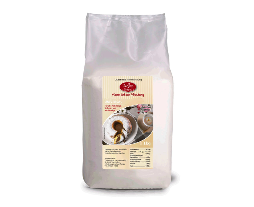 Mehlmischung Universal 1 kg - Tanjas glutenfrei
Sie möchten schnell und einfach schmackhafte, maisfreie Basisteige wie Mürbeteig, Biskuit, Rühr- und Brandteig, aber auch Teige für Waffeln & Pancakes zubereiten? Mit der Mehlmischung UNIVERSAL von Tanjas glutenfrei gelingt dies bestens!