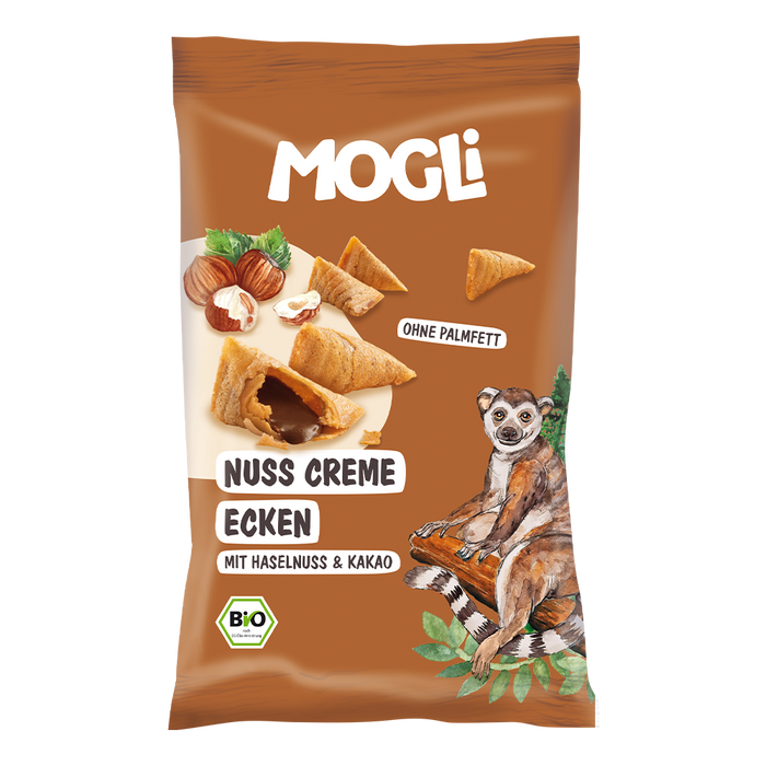 Nuss Creme Ecken mit Haselnuss & Kakao 30g - Mogli Bio
Dieser MOGLi Snack in Bio Qualität schmeckt garantiert auch den kleinen Kakao-Nuss-Creme-Fans. Nussig, knusprig, cremig, lecker sind die kleinen Ecken ruckzuck vernascht – und lassen die Hände dabei blitzsauber.