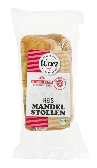Reis Mandel Stollen 250g - Werz bio
Glutenfreier Reis-Mandel Stollen von Werz ist eine feine Köstlichkeit nicht nur für die Advents- und Weihnachtszeit, sondern auch zu Kaffee, Tee oder Milch schmeckt er hervorragend. 