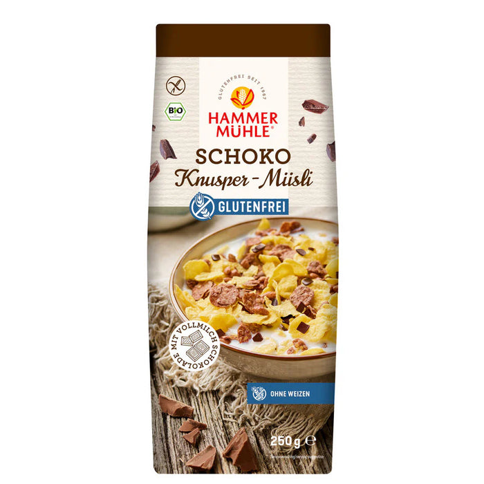 Schoko Knusper Müsli 250g - Hammermühle bio
Mit Schokolade überzogene Cornflakes und dunkle Schokostückchen machen dieses Müsli herrlich schokoladig.