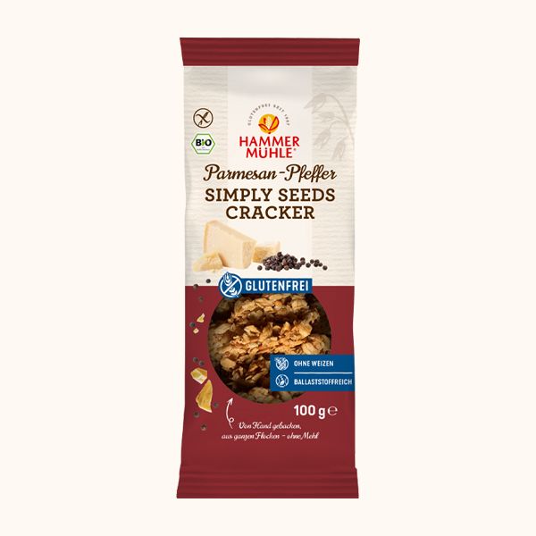 Simply Seeds Cracker Parmesan-Pfeffer 100g - Hammermühle
Für alle, die herzhafte, glutenfreie Snacks lieben: Unsere Simply Seeds Cracker mit Parmesan und Pfeffer sind genau das Richtige. Mit knackigen Leinsamen und glutenfreien Haferflocken bieten sie nicht nur einen intensiven Crunch, sondern auch eine Extraportion Ballaststoffe.