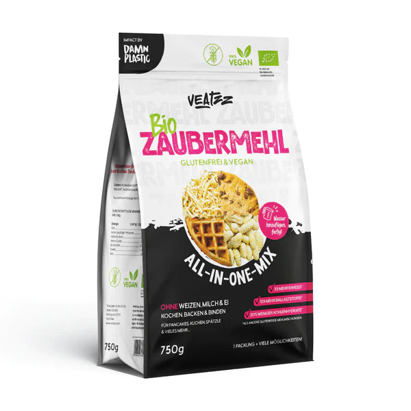 Zaubermehl Glutenfrei 750g - Veatzz
Ob Pfannkuchen, Spätzle, Muffins, Kuchen oder Pizza – mit nur einer Schüssel, etwas Wasser und wenigen Handgriffen zauberst du im Handumdrehen köstliche, fluffige Gerichte – ganz ohne Gluten, Ei, Soja oder Weizen