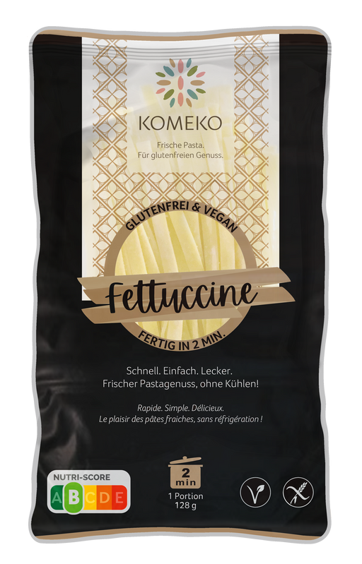 Fettuccine 128g - Komeko
Unsere Fettuccine aus Reismehl überzeugen mit ihrem kompromisslosem Geschmack, ihrer bissfesten Textur und der schnellen Zubereitung.