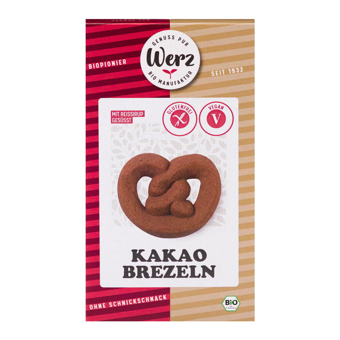 Kakao Brezeln 125g - Werz bio
Kleine glutenfreie Reisbrezeln gesüßt mit Reissirup und Bio-Kakao.