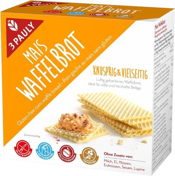 Mais Waffelbrot 100g - 3 Pauly
Glutenfreies Mais Waffelbrot von 3 Pauly – luftig, knusprig gebackenes Waffelbrot aus Maismehl. Mit herzhaftem oder süßem Belag genauso ein Genuss, wie als Knabberei für zwischendurch. Und Kinder lieben dieses Brot besonders auch als glutenfreies Pausenbrot für den Kindergarten oder die Schule.