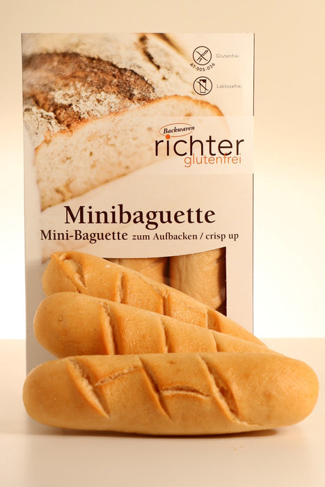 Mini Baguette 350g - Richter glutenfrei
Die glutenfreien Mini Baguette von Richter glutenfrei sind drei leckere Brötchen zum selbst aufbacken. Die glutenfreien Baguettes kurz im Ofen aufbacken, lecker belegen und fertig ist der Genuß. Mini Baguette, die einfache Möglichkeit für ein belegtes, glutenfreies Brot mit besonders gutem Geschmack. Einmal aufgebacken, schmecken die glutenfreien Brötchen stundenlang knusperfrisch.
