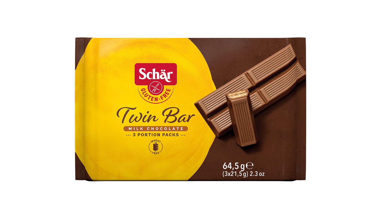Twin Bar 64,5g - Schär
Twin Bar Neu im 3er Pack, von Dr. Schär ist ein glutenfreier Waffel-Snack mit Milchschokolade überzogen.