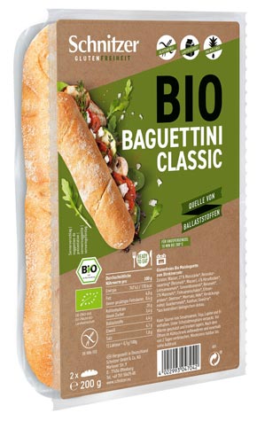Baguettini Classic 2 Minibaguettes 200g - Schnitzer Bio

Bio Baguettini Classic von Schnitzer. Der fein-milde Geschmack dieses glutenfreien Mini-Baguettes lässt sich sowohl pikant-würzig als auch aromatisch-süß kombinieren.