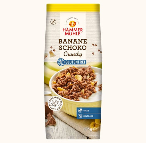 Banane Schoko Crunchy 325g - Hammermühle

Das Banane Schoko Crunchy von Hammermühle vereint fruchtige Bananenchips mit intensivem Kakao und extra knusprigen Cerealien