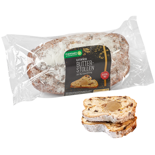 Butterstollen mit Marzipan glutenfrei 750g-Poensgen

 Dieser Stollen vereint reichlich Rosinen, Mandeln und feinstes Marzipan, um den klassischen Geschmack des Originals perfekt nachzubilden.