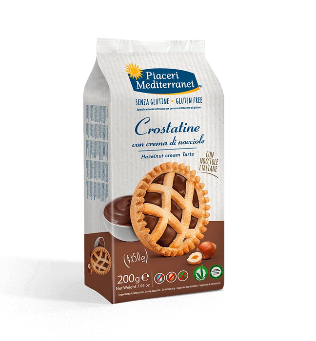 Crostatine - Tarts mit Haselnusscreme 200g - Piaceri Mediterranei

Die glutenfreien Törtchen mit ihrer cremigen Haselnussfüllung bieten einen köstlichen Genuss, der zudem vegan und laktosefrei ist.