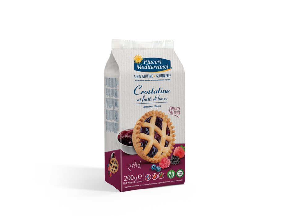 Crostatini Waldfrüchte 200g - Piaceri

Die köstliche Frische der Beeren veredelt unsere glutenfreien Törtchen und macht sie zu einem Hochgenuss für den Gaumen. Ideal für eine richtig gute Jause!