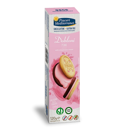 Dobloni Kekse mit Erdbeercremefüllung 120g - Piaceri Mediterranei

Die Dobloni Kekse von Piaceri Mediterranei sind eine glutenfreie Köstlichkeit, die mit einer cremigen Erdbeerfüllung veredelt sind.