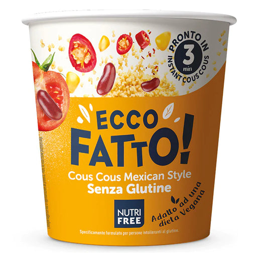 Ecco Fatto Instant Cup Couscous Mexican Style 70g- Nutri Free

In nur drei Minuten entführt&nbsp;Nutrifree&nbsp;glutenfreier Couscous&nbsp;mit Mais, Bohnen, Tomaten und Chili Ihren Gaumen auf eine Reise ins Ausland und zaubert Ihnen ein Lächeln zurück.