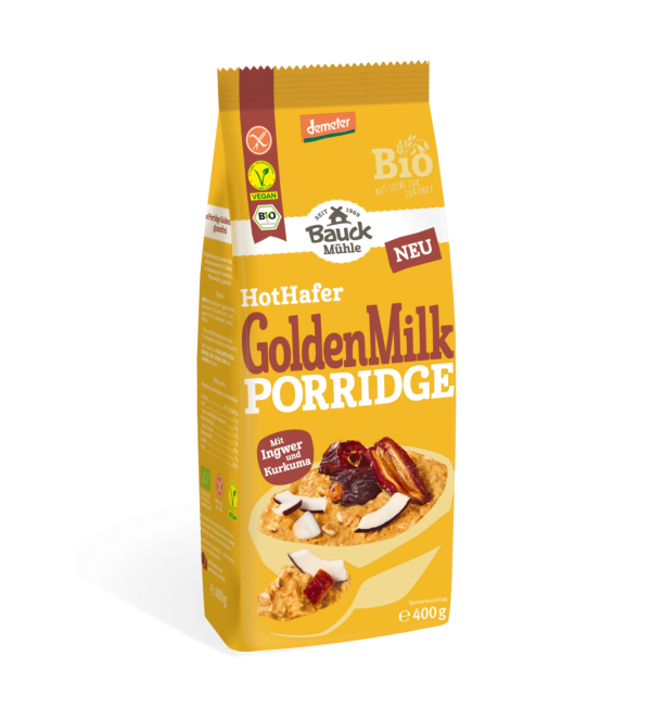 Hot Hafer Golden Milk Porridge demeter 400g - Bauck Mühle

Inspiriert von der traditionellen „Golden Milk“ entsteht ein cremiger Haferbrei mit fein abgestimmter Süße aus Datteln – ideal für einen wohltuenden Start in den Tag