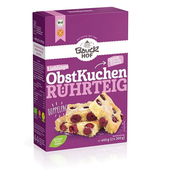 Obstkuchen Rührteig 400g  - Bauckhof Bio

Obstkuchenteig von Bauckhof ist eine glutenfreie Grundmischung für 1 Kuchenblech oder 2 Springformen, gelingt auch ohne Milch und Eier. Mit dem Teig können Sie auch Tortenböden, Sandkuchen, Marmorkuchen oder Zitronenkuchen zaubern.