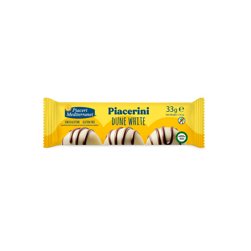 Piacerini Dune White 33g- Piaceri

 Jeder Snack besteht aus einer Waffel mit cremiger Haselnussfüllung, umhüllt von einer weißen Schokoladenkuvertüre und dekoriert mit edlen Streifen dunkler Schokolade. 