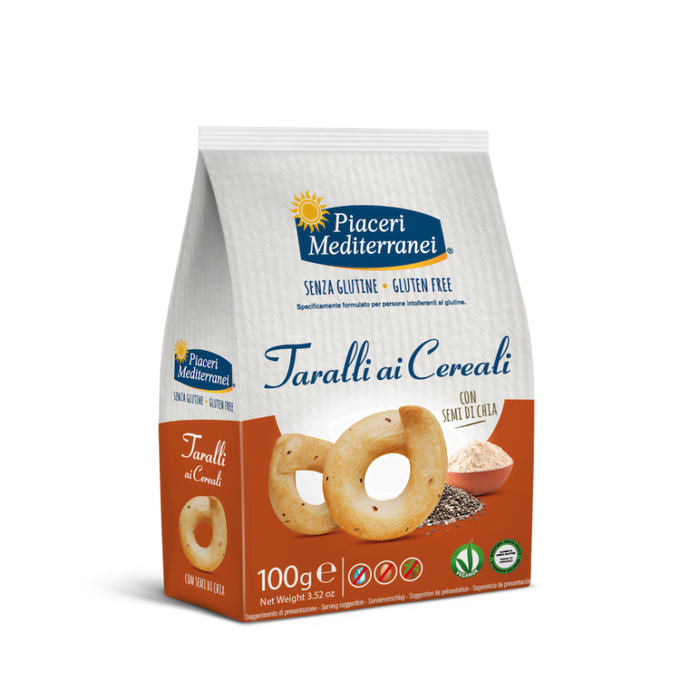 Taralli cereali 100g - Piaceri

Die glutenfreien Taralli ai Cereali von Piaceri Mediterranei sind knusprige italienische Gebäckringe