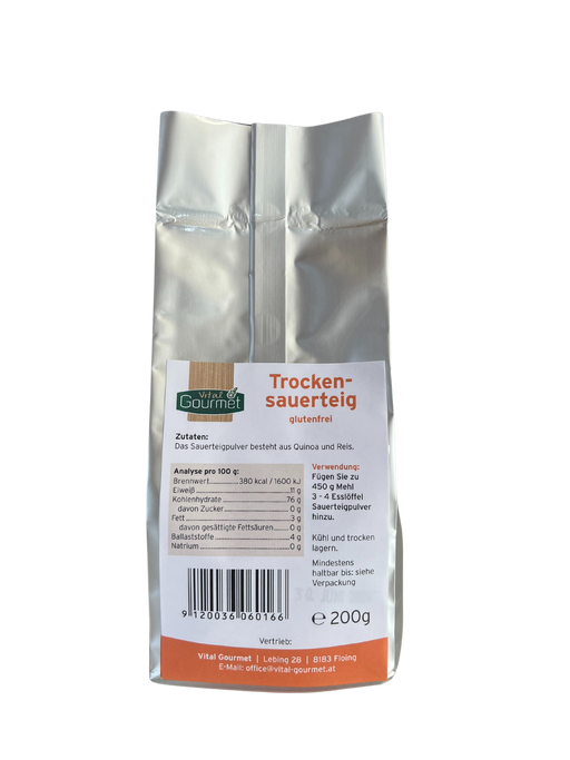 Trockensauerteig 200g  - Vital Gourmet

Ein Sauerteigpulver, das sowohl mit glutenfreiem Mehl als auch mit herkömmlichem Mehl verwendet werden kann. Zur Herstellung von leckerem und gut bekömmlichem Sauerteigbrot.
