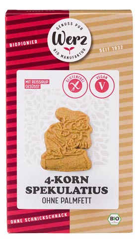 4 Korn Spekulatius 125g - Werz Bio

Bio 4-Korn Spekulatius von Werz sind glutenfreie Spekulatius aus Vollkornmehl. Ohne Zusatz von Kristallzucker, gesüsst mit Reissirup.
