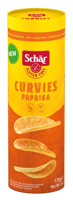 Curvies Paprika Kartoffelchips 170g- Schär

Knuspriger salziger Kartoffelsnack in recycelbarer Verpackung. 