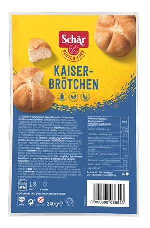 Kaiserbrötchen 240g - Schär

Glutenfreie Kaiserbrötchen von Schär sind gluten- und laktosefreie Brötchen&nbsp;zum Fertigbacken.