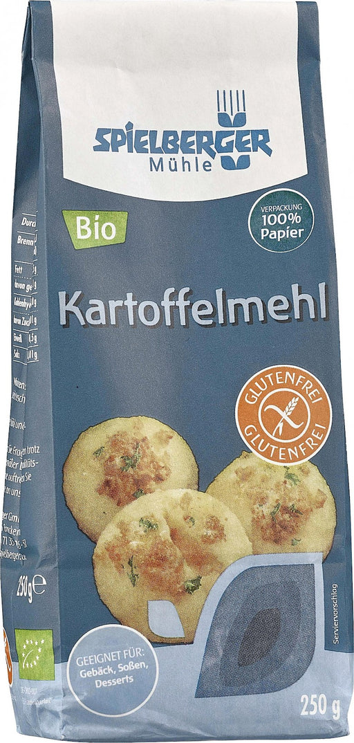 Kartoffelmehl 250g - Spielberger Bio

Dieses Kartoffelmehl ist ideal für Klöße und Knödel. Es eignet sich aber auch zum Backen und zum Binden von Desserts, Cremes, Kaltschalen, Soßen und Suppen.