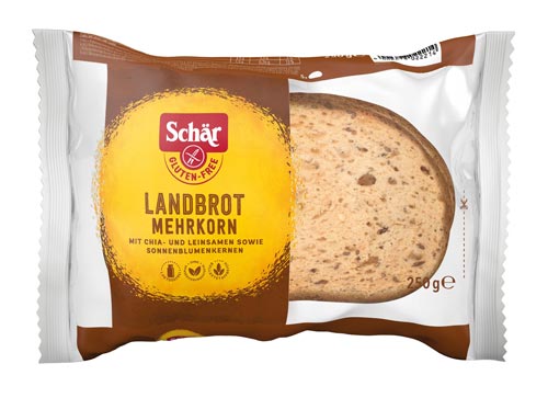 Landbrot Mehrkorn 250g - Schär

Es enthält wertvolle Zutaten wie Sonnenblumenkerne,&nbsp; Chia und Leinsamen und eignet sich ideal für den kleinen Hunger zwischendurch oder als schmackhafte Brotzeit.