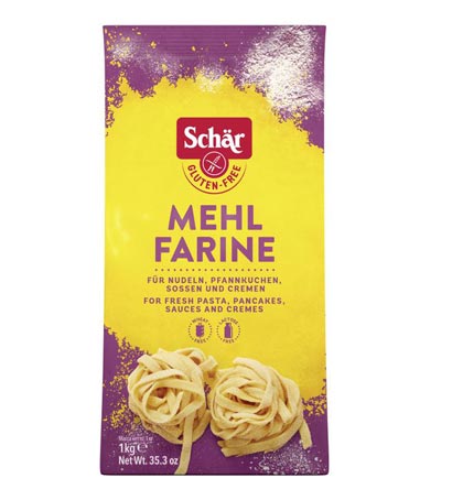 Mehl Farine  1000g - Schär

 Geeignet zur Zubereitung von Nudeln, Kartoffel-Gnocchi, Omelettes, Pannkuchen, Crêpes, Spätzle, Saucen und Panade für Fleisch und Fisch. 