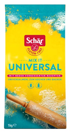 Mix it - Universal Mehl 1000g  - Schär

Dieses glutenfreie Mehl können Sie anwenden für Nudelteig, Brot &amp; Brötchen, Kuchen &amp; Süsses, Pizza &amp; Focaccia, Kekse &amp; Mürbeteig und Panaden.
