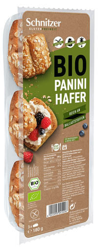 Panini Hafer 180g - Schnitzer Bio

 Die glutenfreien Brötchen mit knackigen Bio-Haferflocken schmecken schön kernig-mild. 