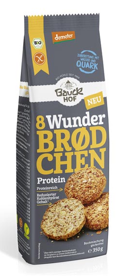Wunderbroedchen Protein 350g - Bauckhof Bio

Wunderbrødchen Protein von Bauckhof ist eine glutenfreie Backmischung für&nbsp;Brötchen. Dieses Wunderbrodchen Protein beinhaltet&nbsp;weniger Kohlenhydrate und dafür mehr Eiweiß. Für das gemütliche Frühstück oder Abendbrot, für den schnellen Snack unterwegs oder die Picknick-Tafel.